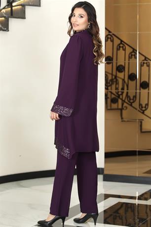 Umay Şifon Tunik Pantolon İkili Tesettür Takım Mürdüm