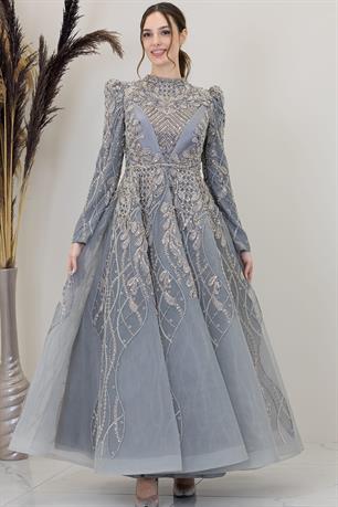 Yaprak Tesettür Abiye Gri