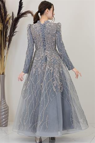 Yaprak Tesettür Abiye Gri