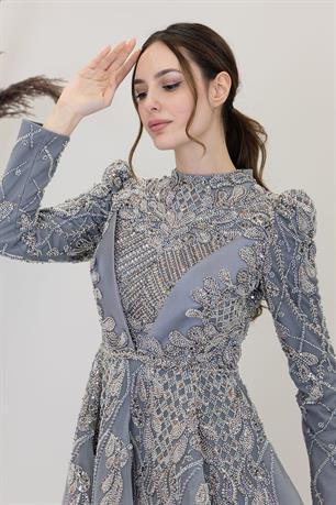 Yaprak Tesettür Abiye Gri