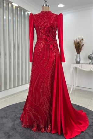 Yaprak Tesettür Abiye Kırmızı