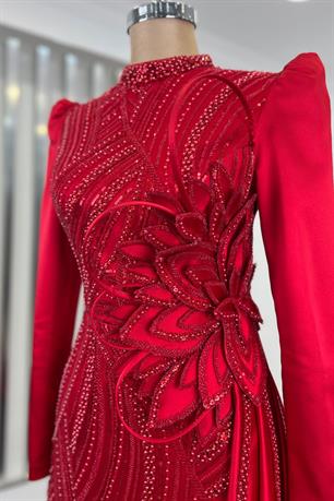 Yaprak Tesettür Abiye Kırmızı