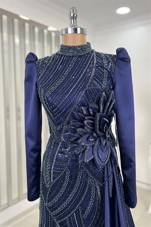 Yaprak Tesettür Abiye Lacivert