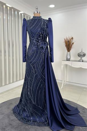 Yaprak Tesettür Abiye Lacivert