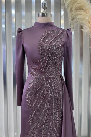 Yaprak Tesettür Abiye Lila