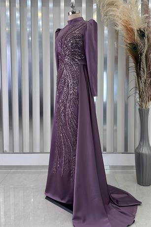 Yaprak Tesettür Abiye Lila