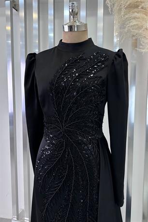 Yaprak Tesettür Abiye Siyah