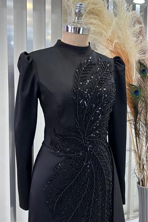 Yaprak Tesettür Abiye Siyah