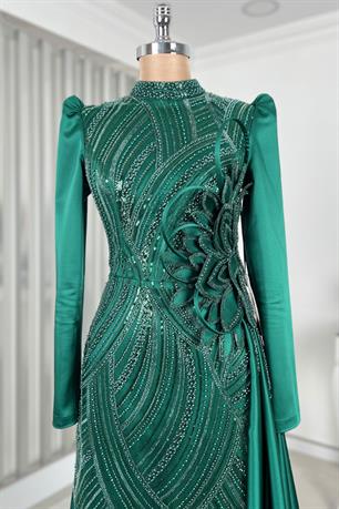 Yaprak Tesettür Abiye Zümrüt