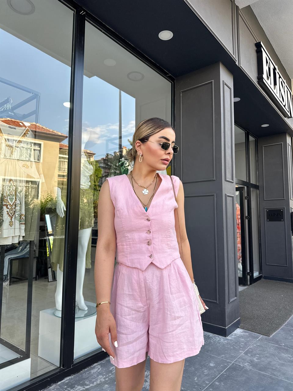 Pink 100% Raw Linen Shorts