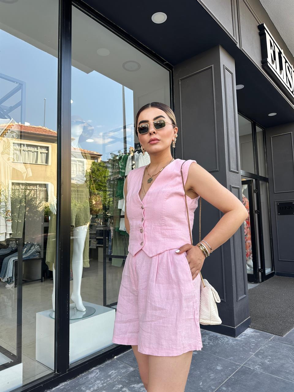 Pink 100% Raw Linen Shorts