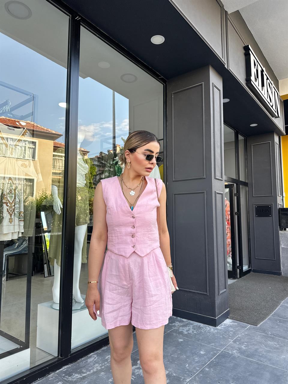 Pink 100% Raw Linen Shorts