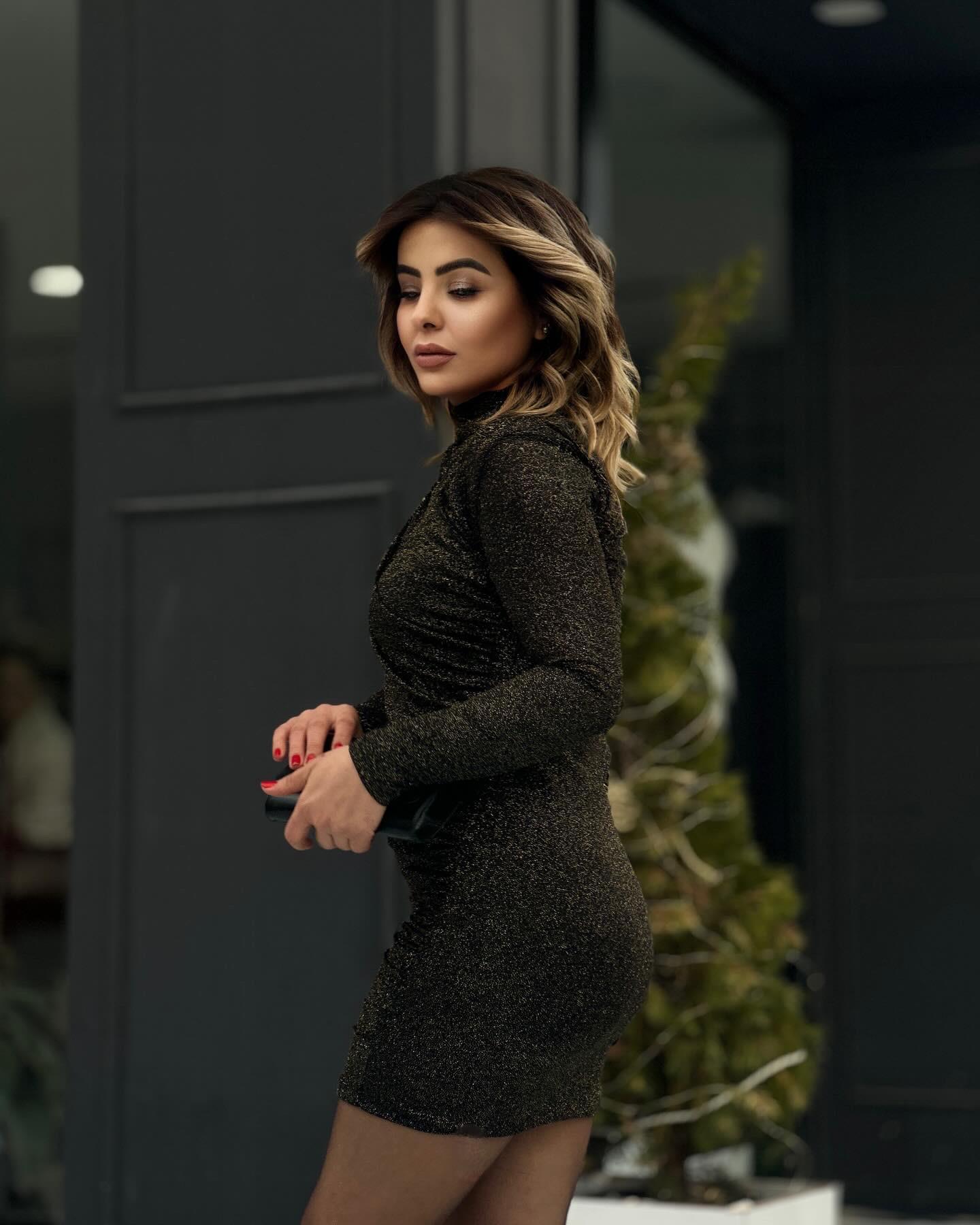 Black Mini Dress with Gold Gathering Details and Glitter