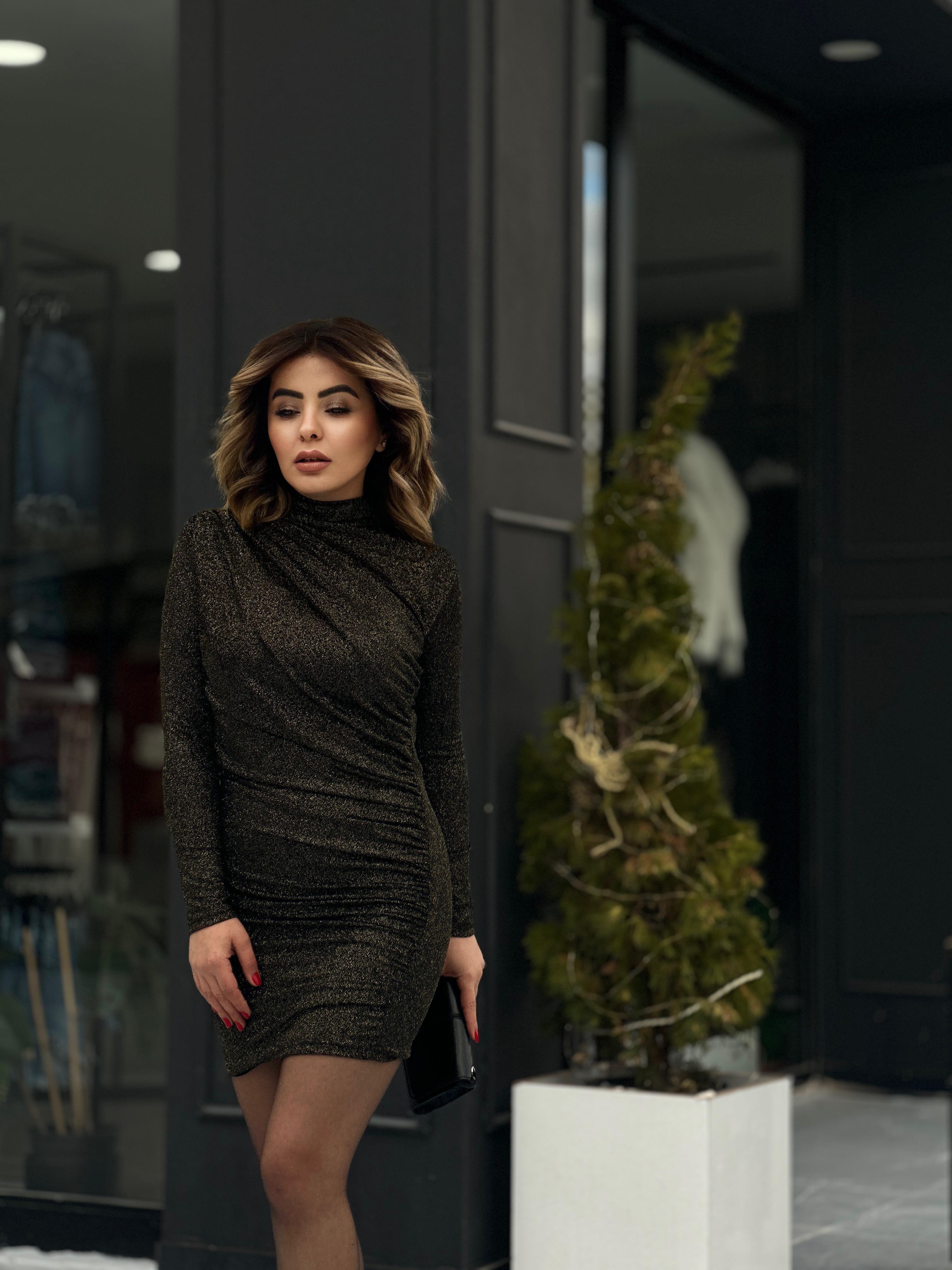 Black Mini Dress with Gold Gathering Details and Glitter