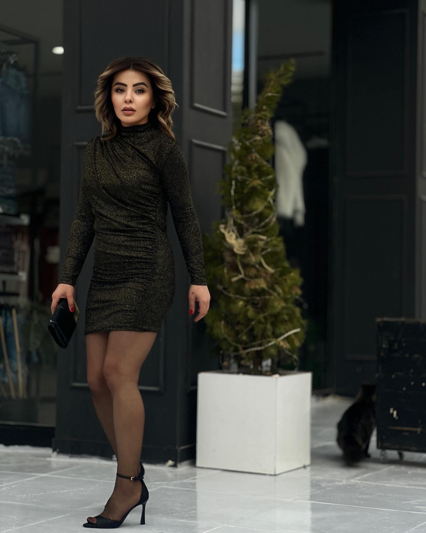 Black Mini Dress with Gold Gathering Details and Glitter