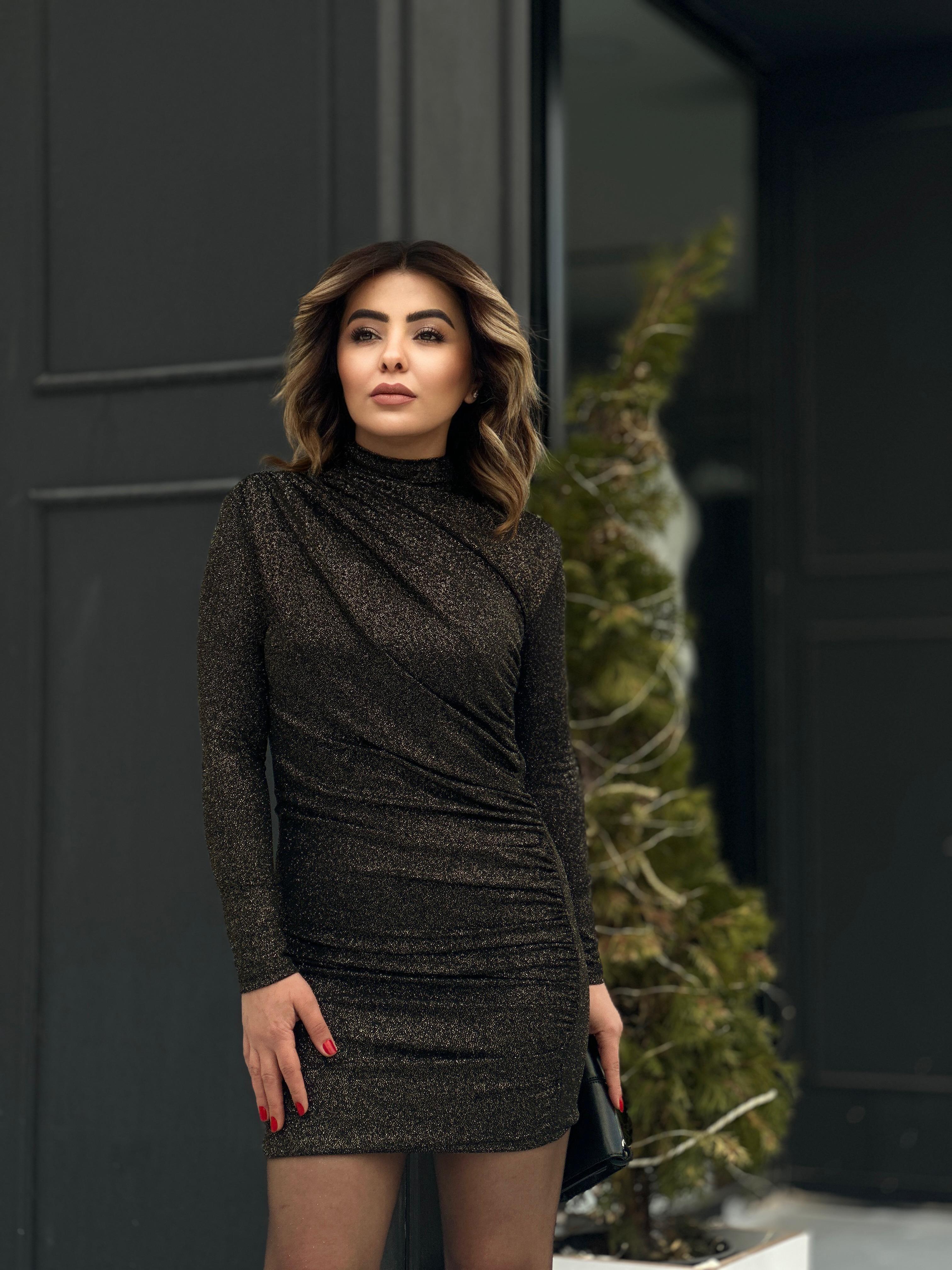 Black Mini Dress with Gold Gathering Details and Glitter