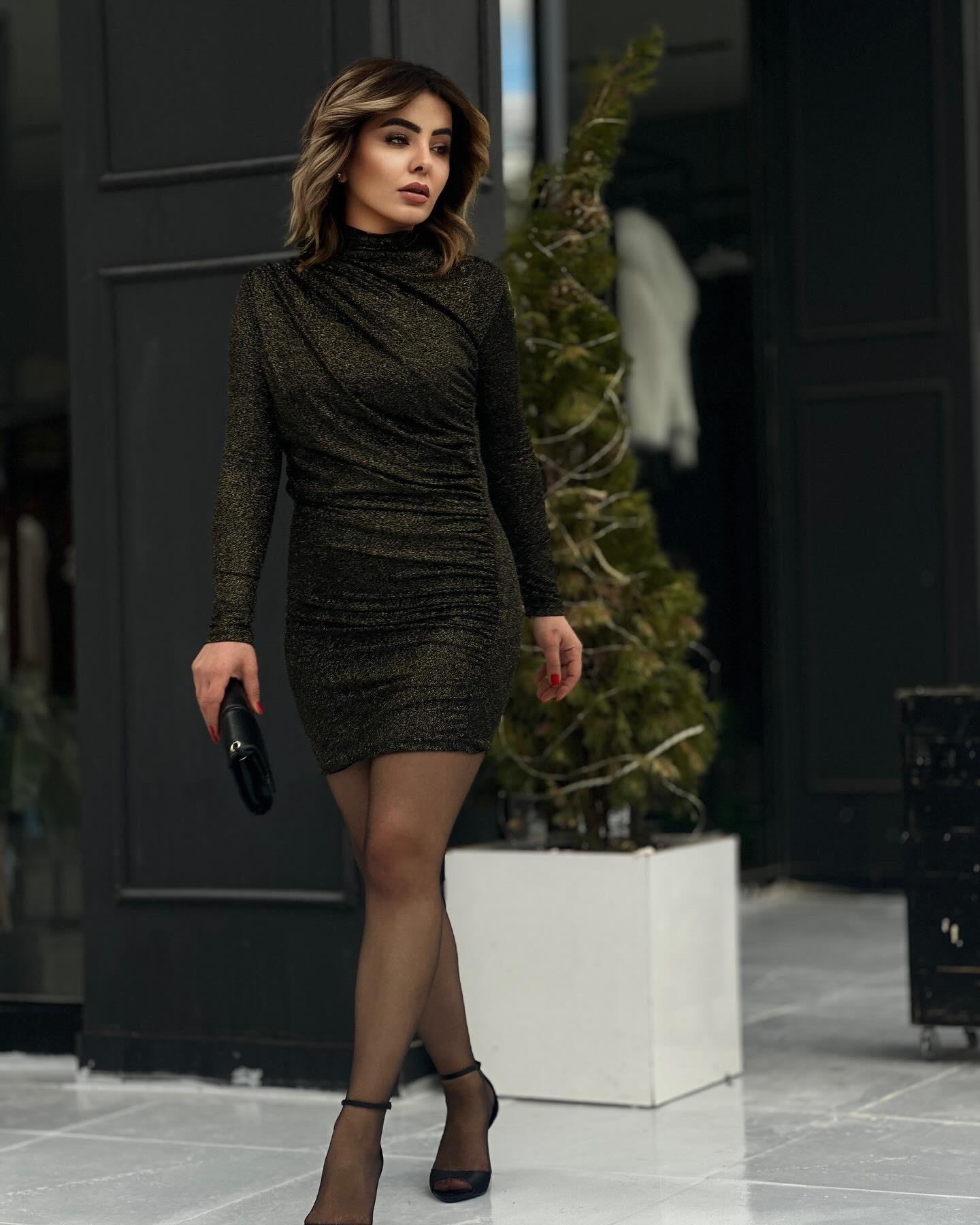 Black Mini Dress with Gold Gathering Details and Glitter