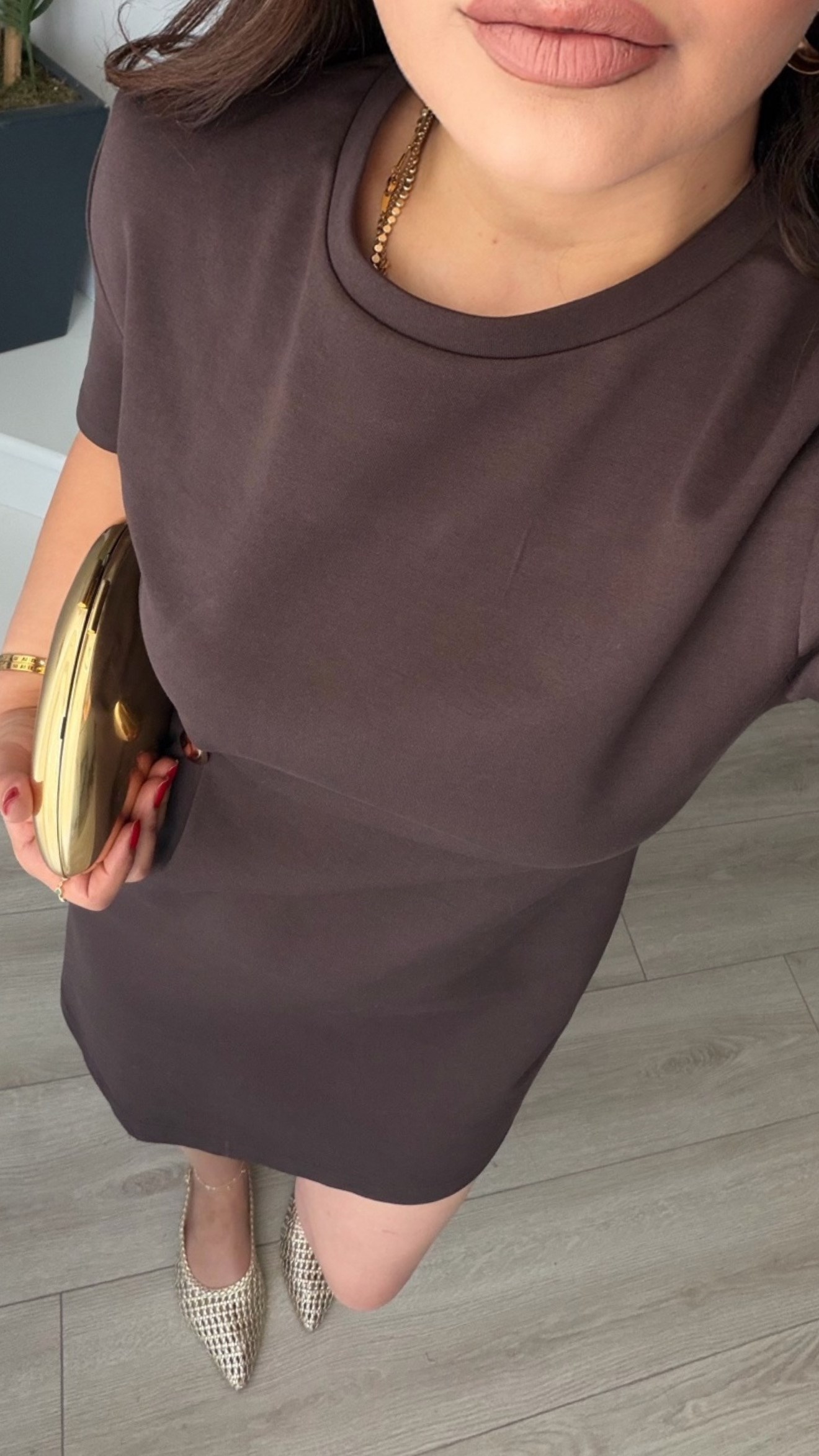 Dark Brown Asymmetric Mini Dress with Accessory Detail