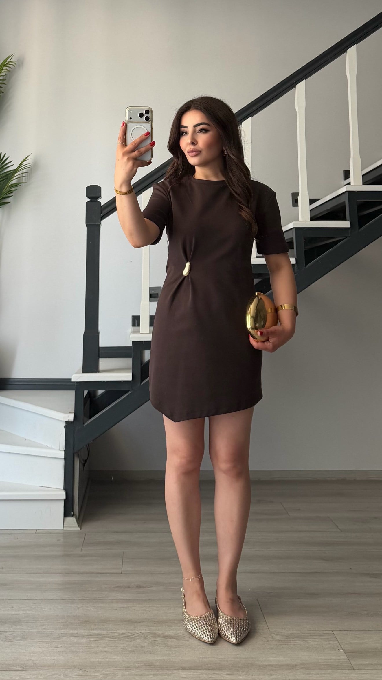 Dark Brown Asymmetric Mini Dress with Accessory Detail