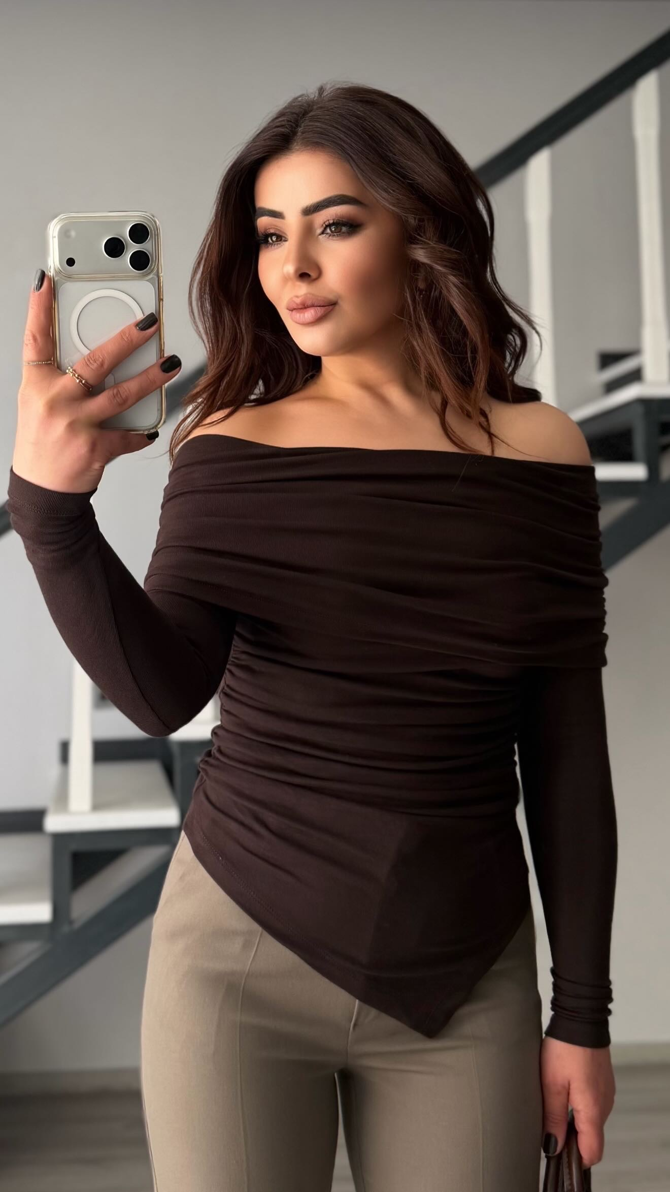 Bitter Brown Asymmetric Cut Madonna Collar Blouse