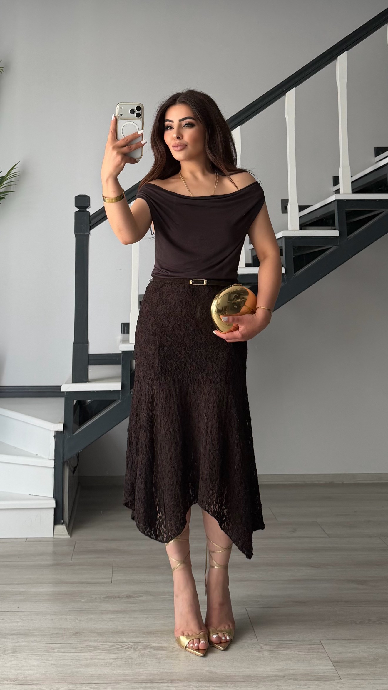 Dark Brown Asymmetric Cut Midi Lace Skirt