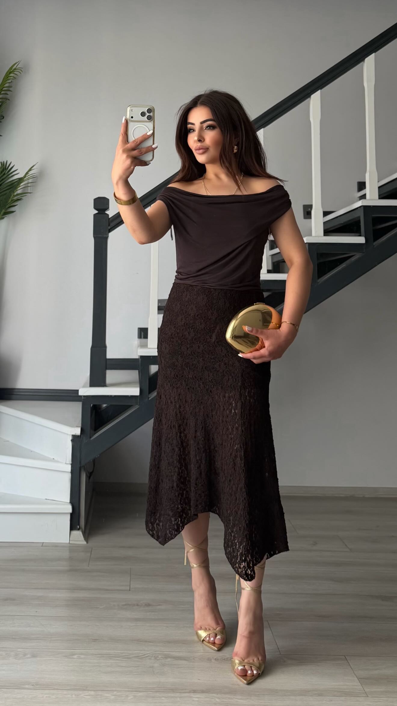 Dark Brown Asymmetric Cut Midi Lace Skirt