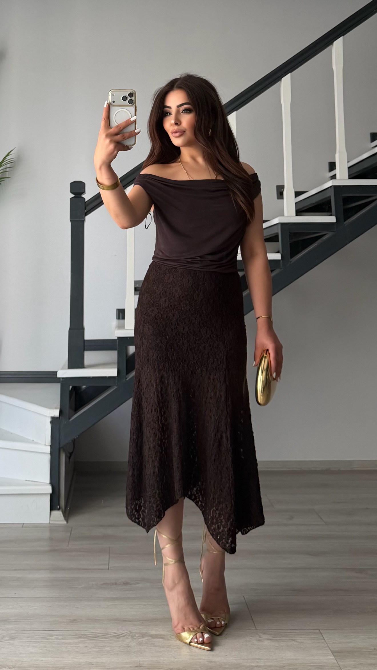 Dark Brown Asymmetric Cut Midi Lace Skirt