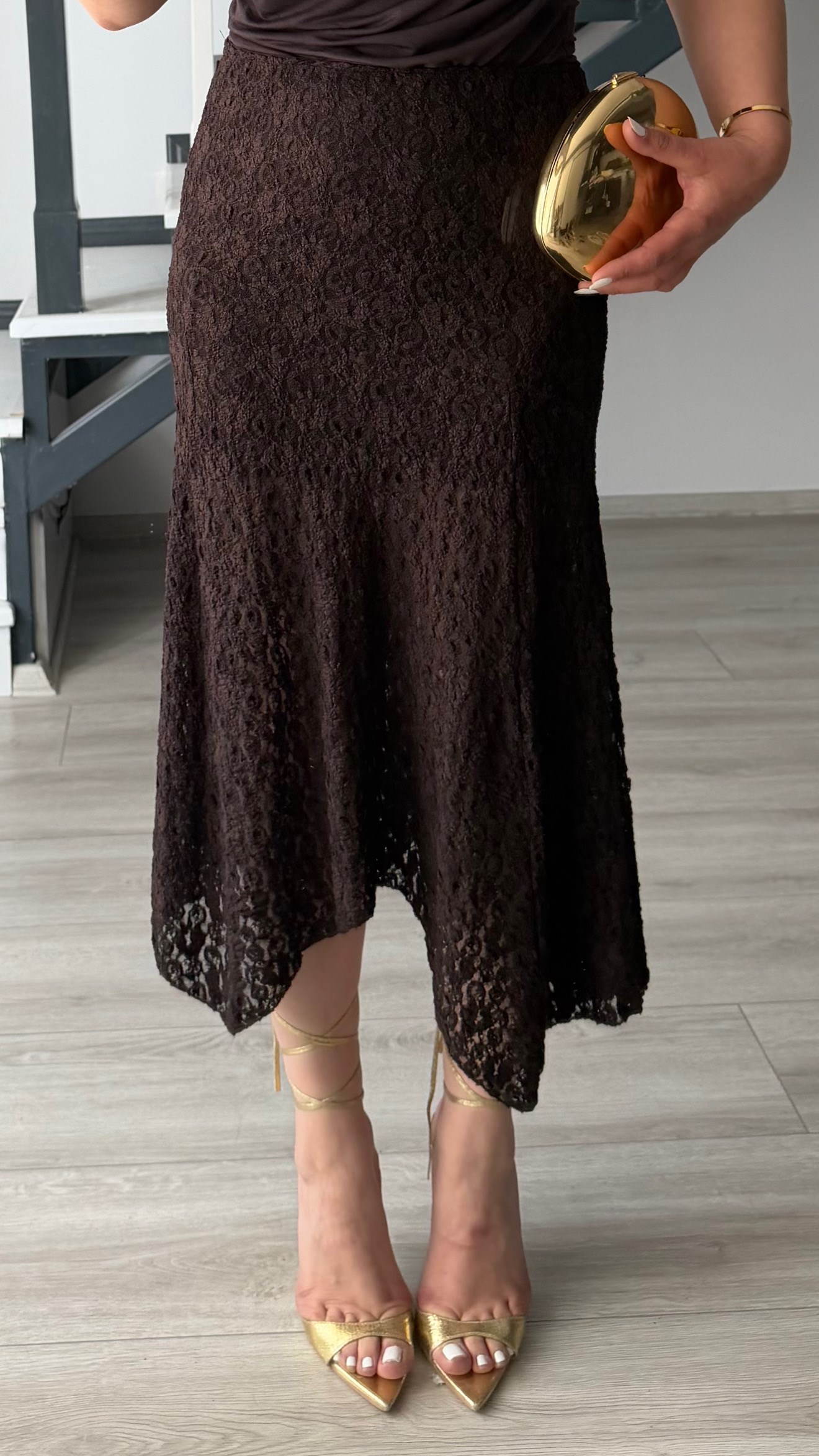 Dark Brown Asymmetric Cut Midi Lace Skirt
