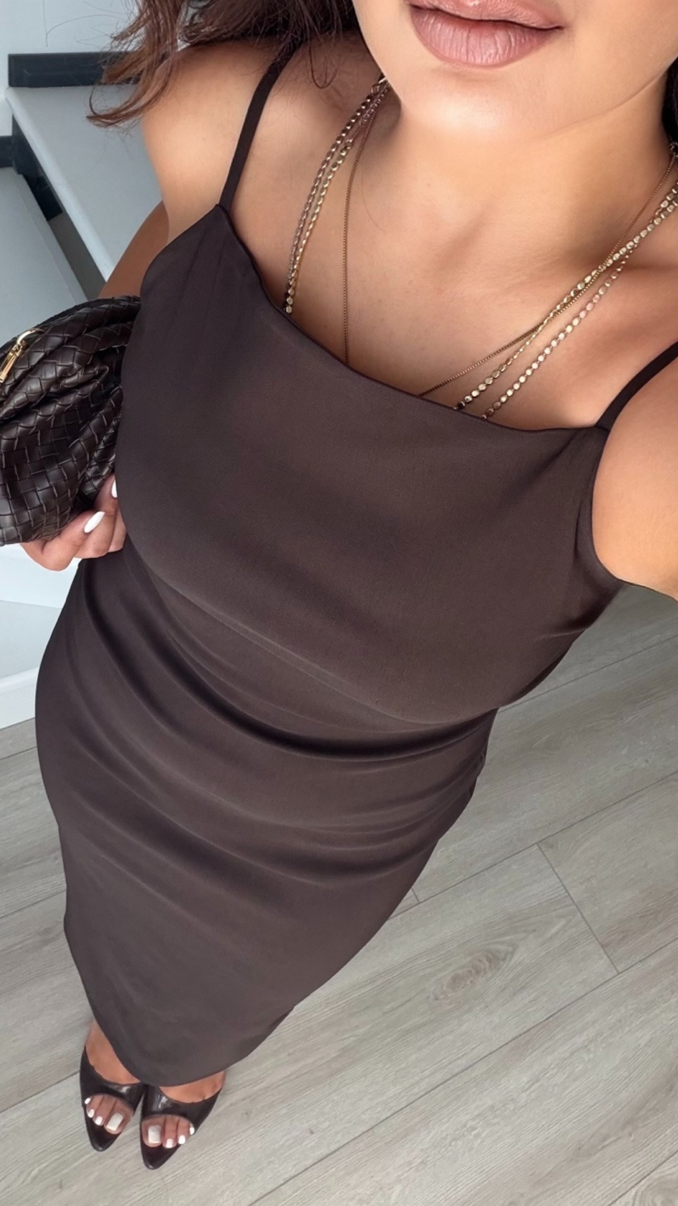 Bitter Brown Ruched Midi Dress with Adjustable Straps