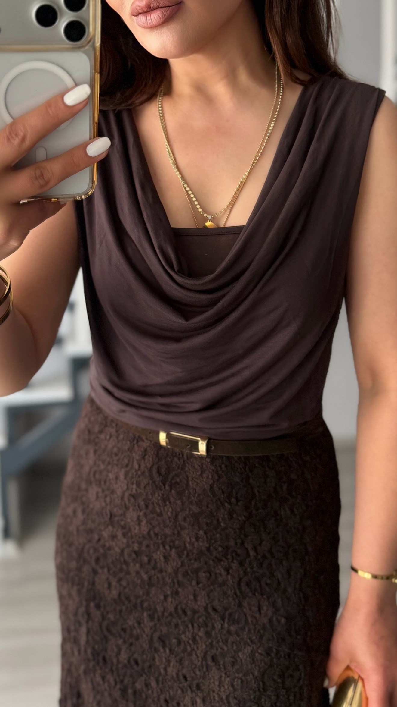 Dark Brown Cowl Neck Double-Layer Blouse
