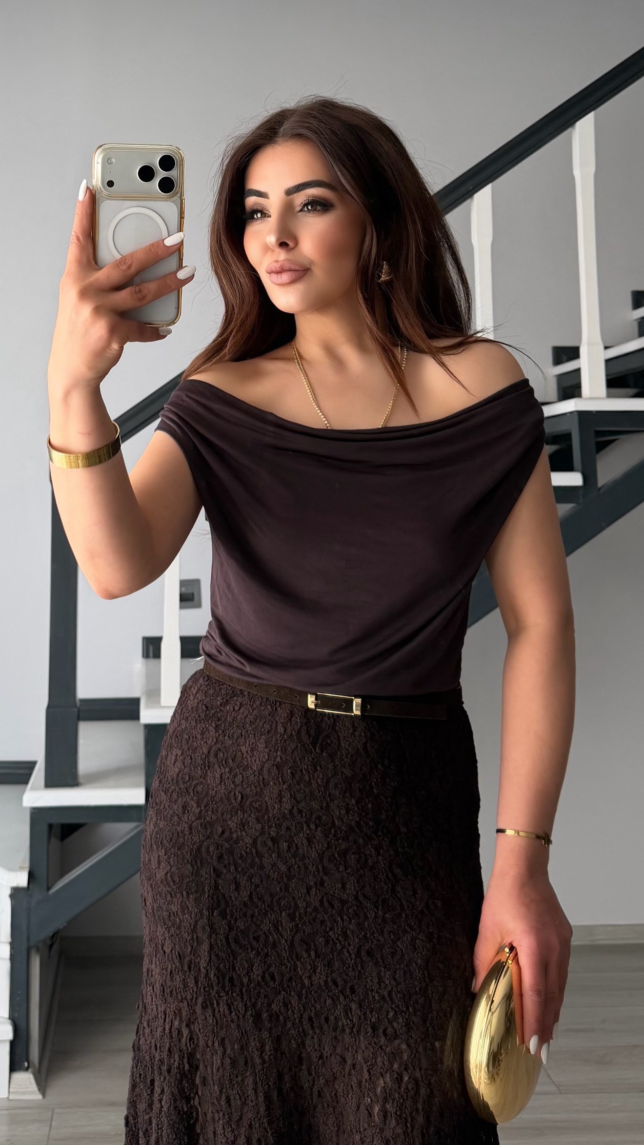 Dark Brown Cowl Neck Double-Layer Blouse
