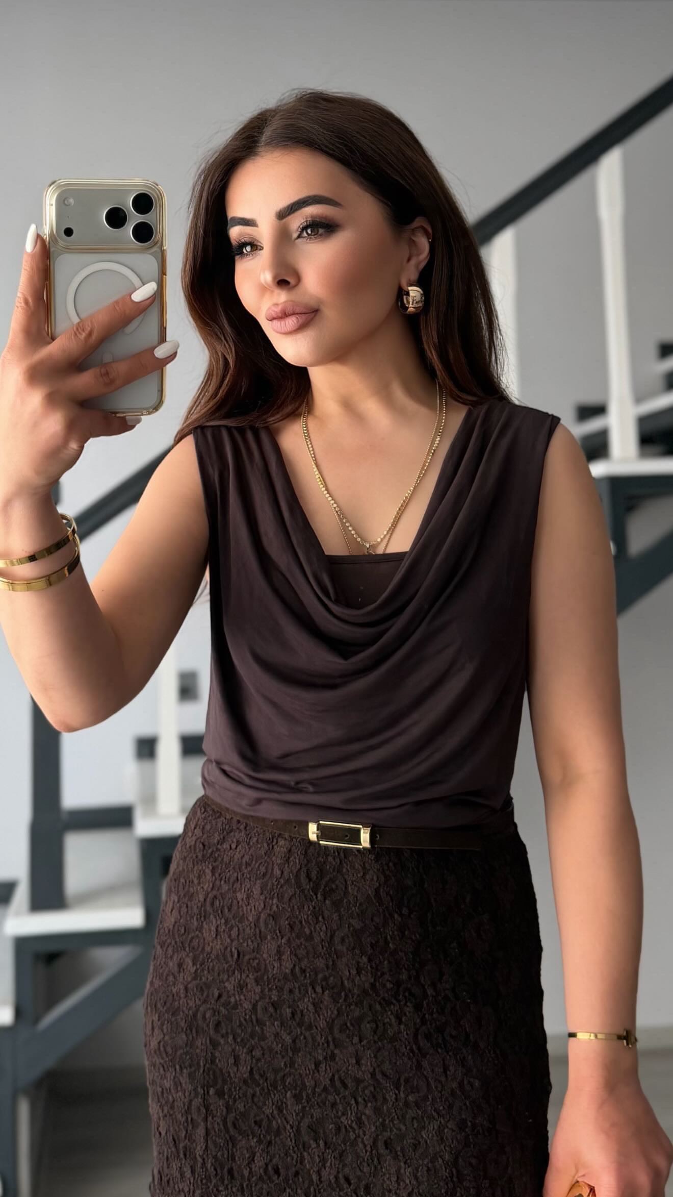 Dark Brown Cowl Neck Double-Layer Blouse