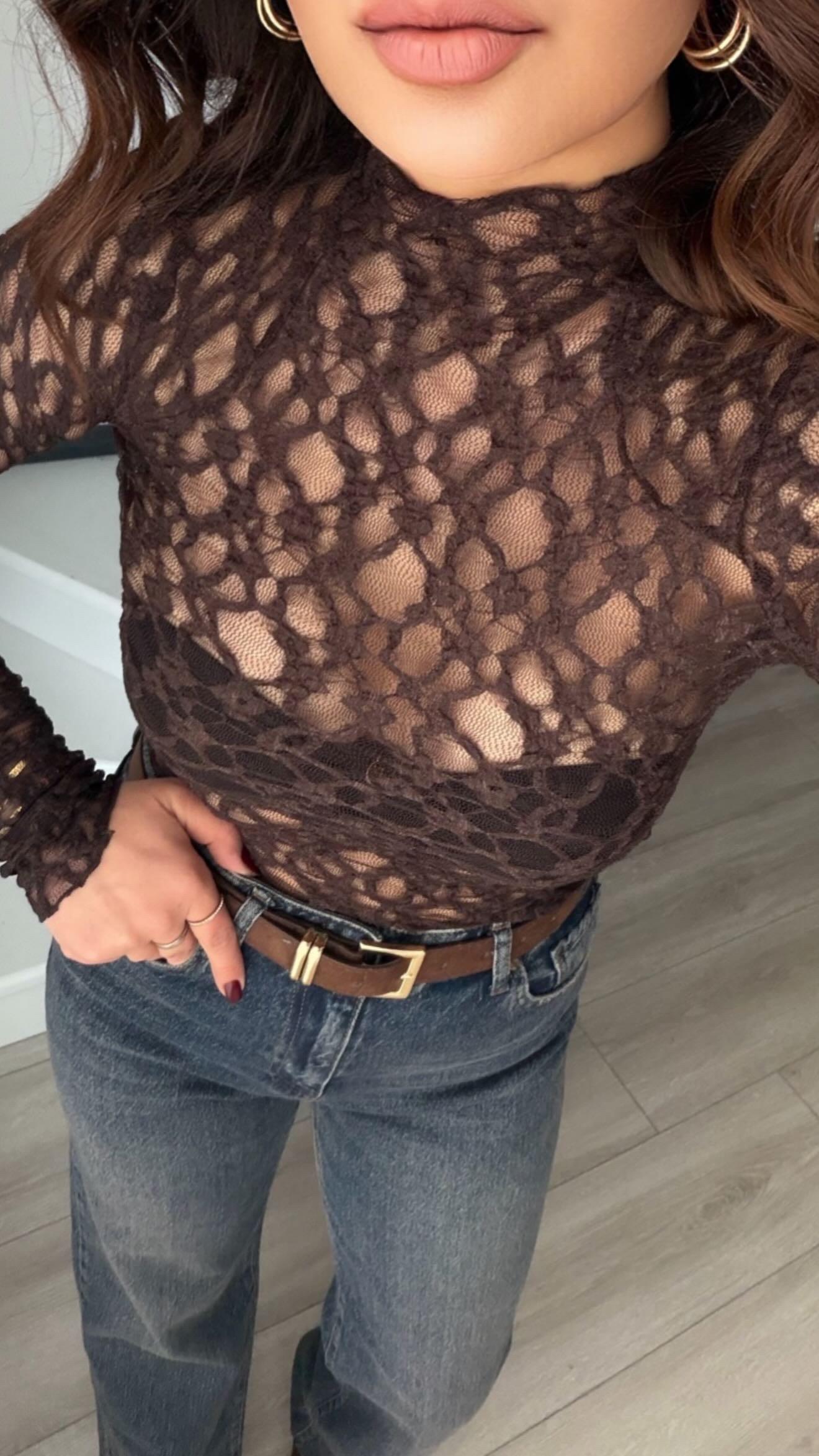 Dark Brown High Neck Lace Blouse