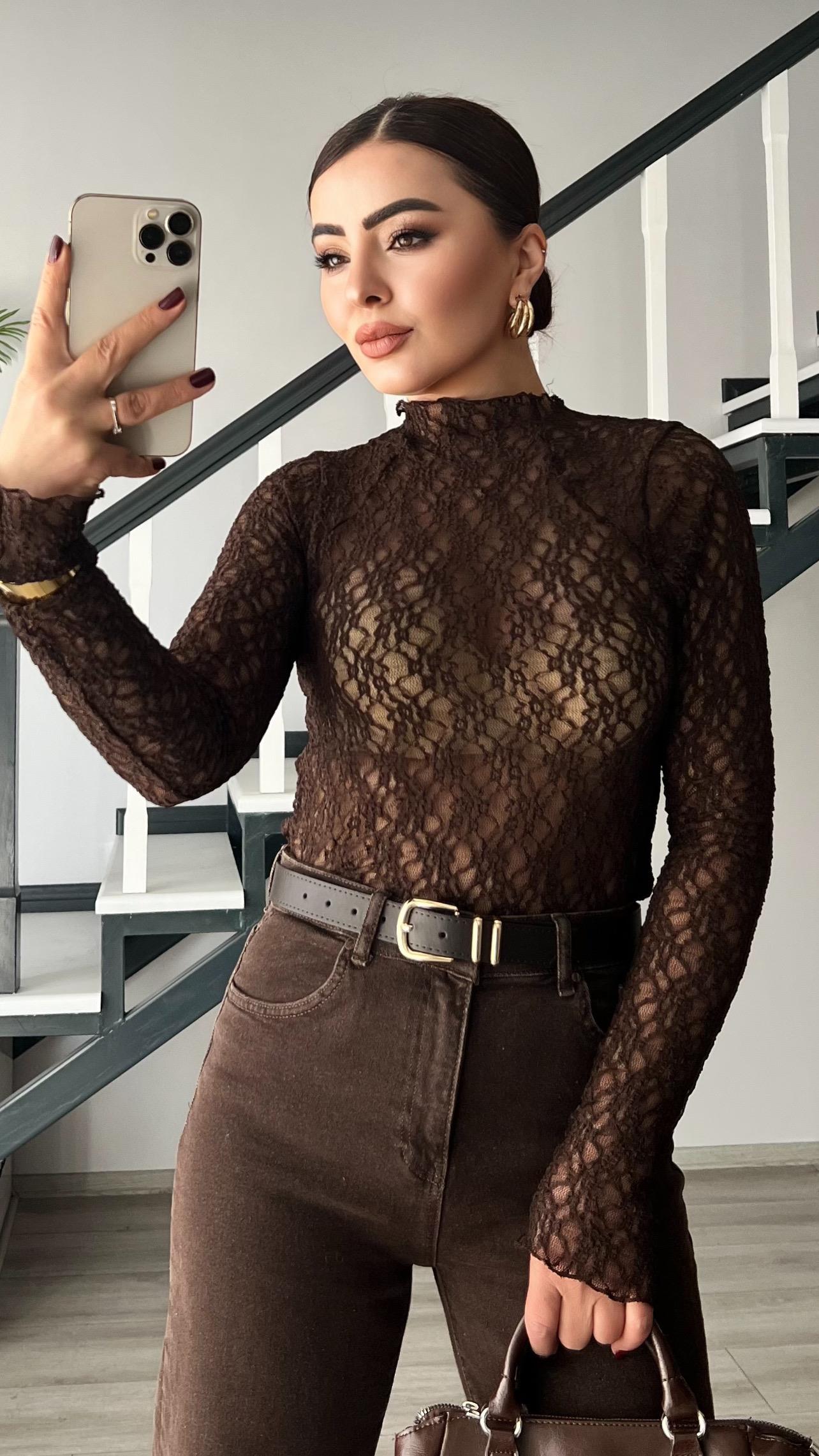 Dark Brown High Neck Lace Blouse