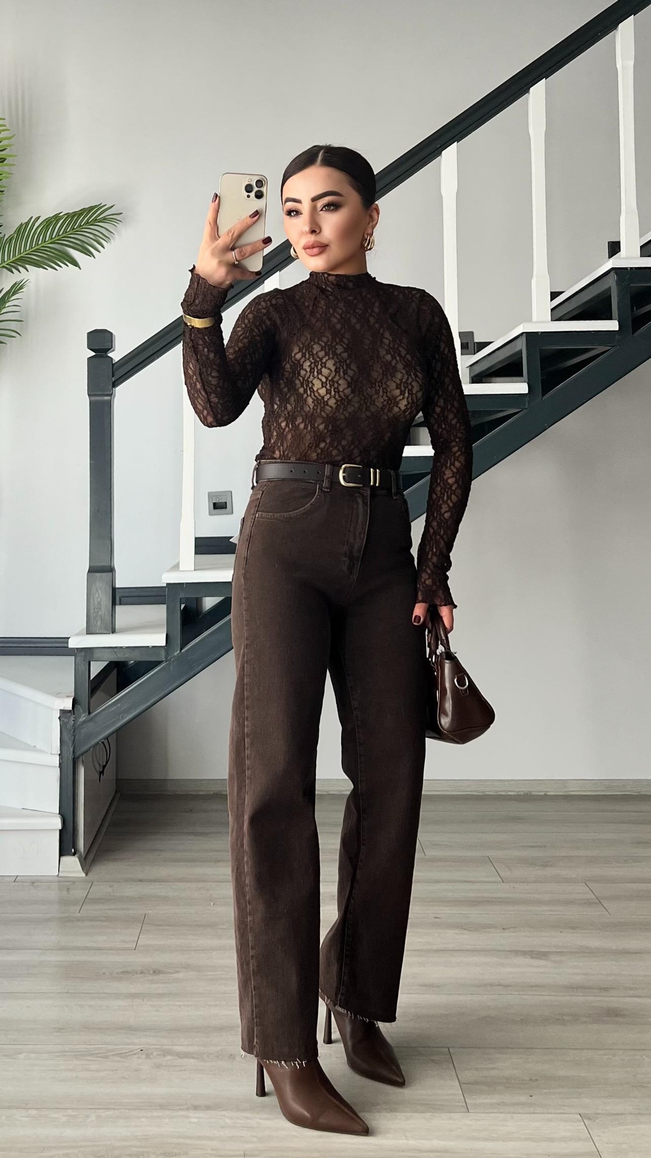 Dark Brown High Neck Lace Blouse