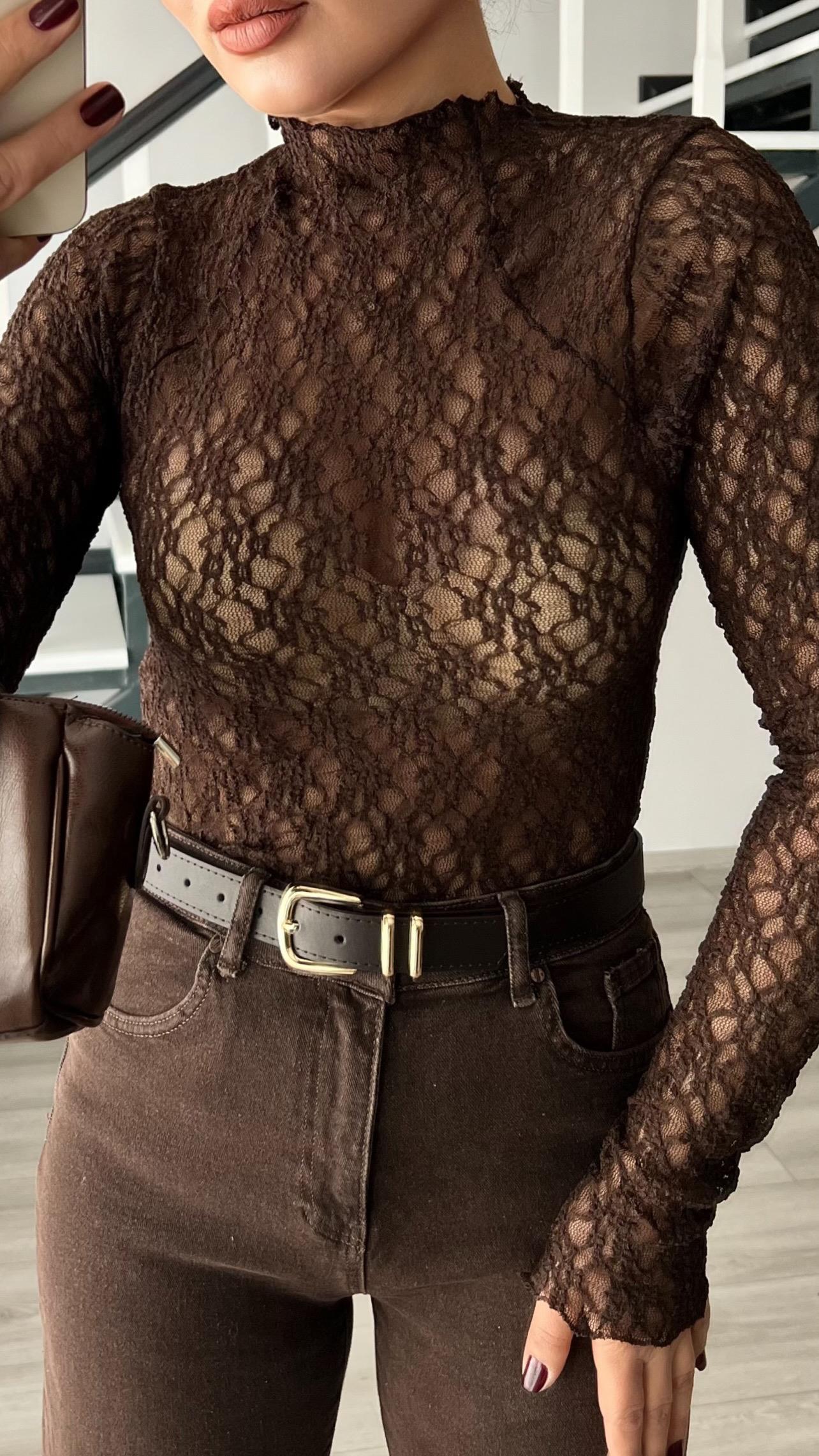 Dark Brown High Neck Lace Blouse
