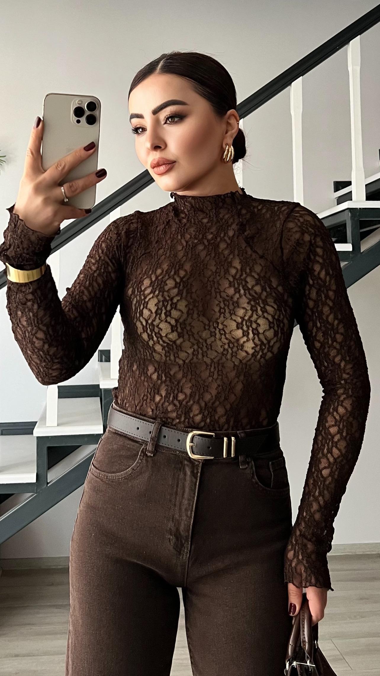 Dark Brown High Neck Lace Blouse