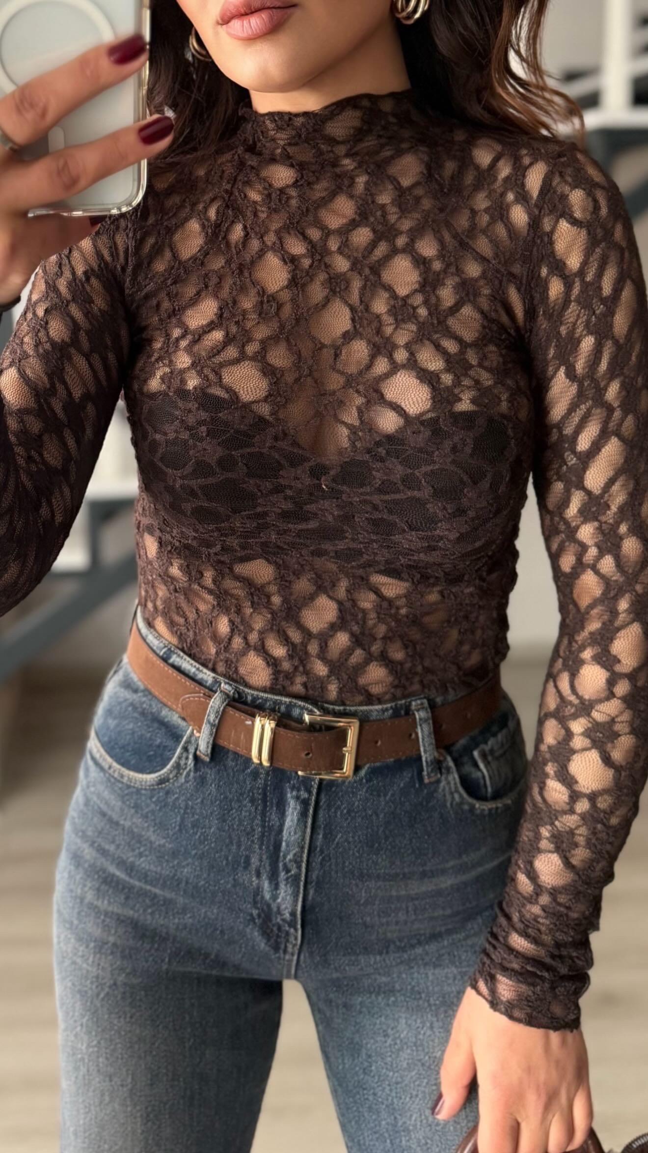 Dark Brown High Neck Lace Blouse