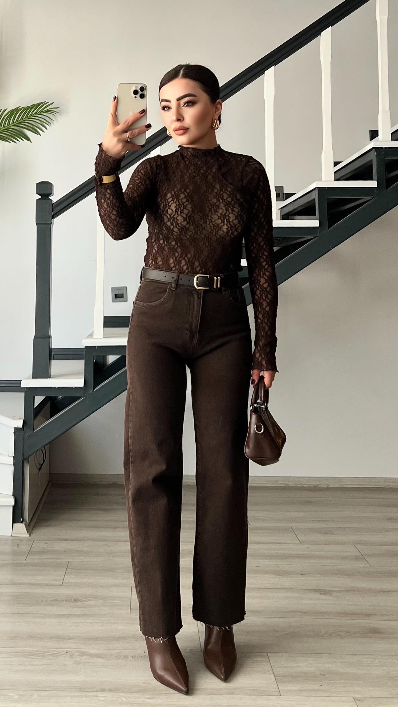 Dark Brown High Neck Lace Blouse
