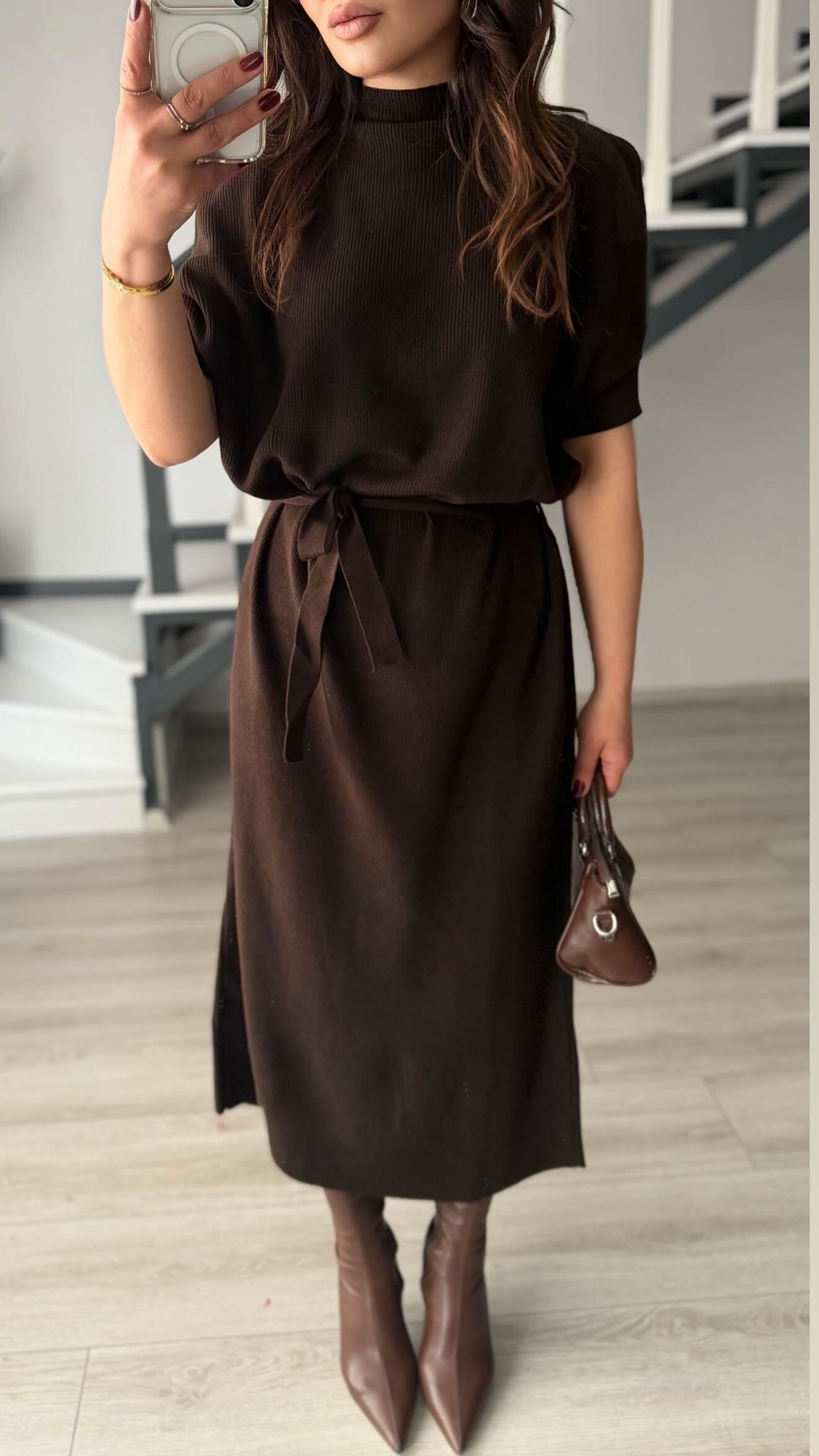 Dark Brown High-Neck Belted Ribbed Knit Dress