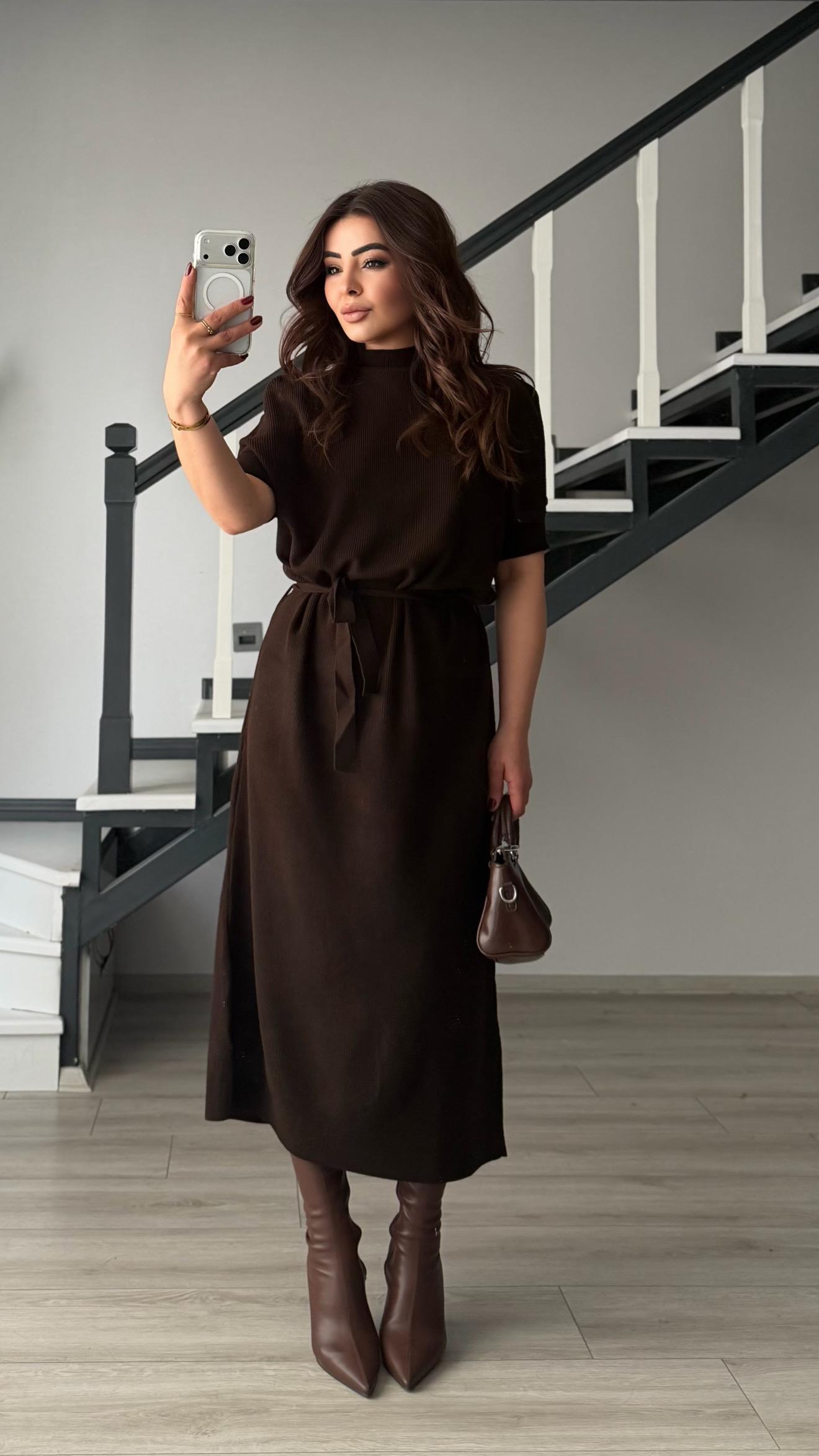 Dark Brown High-Neck Belted Ribbed Knit Dress