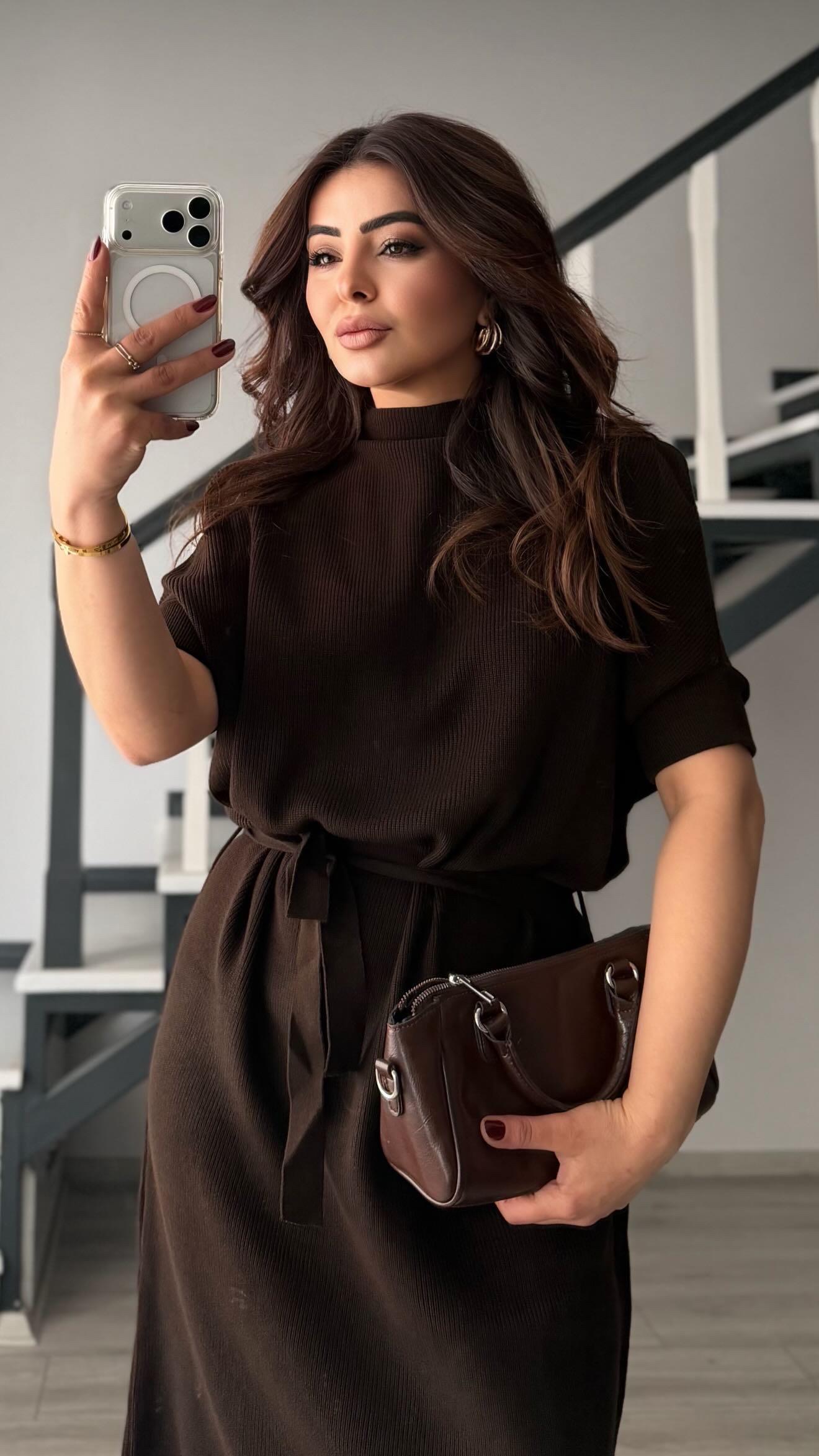 Dark Brown High-Neck Belted Ribbed Knit Dress