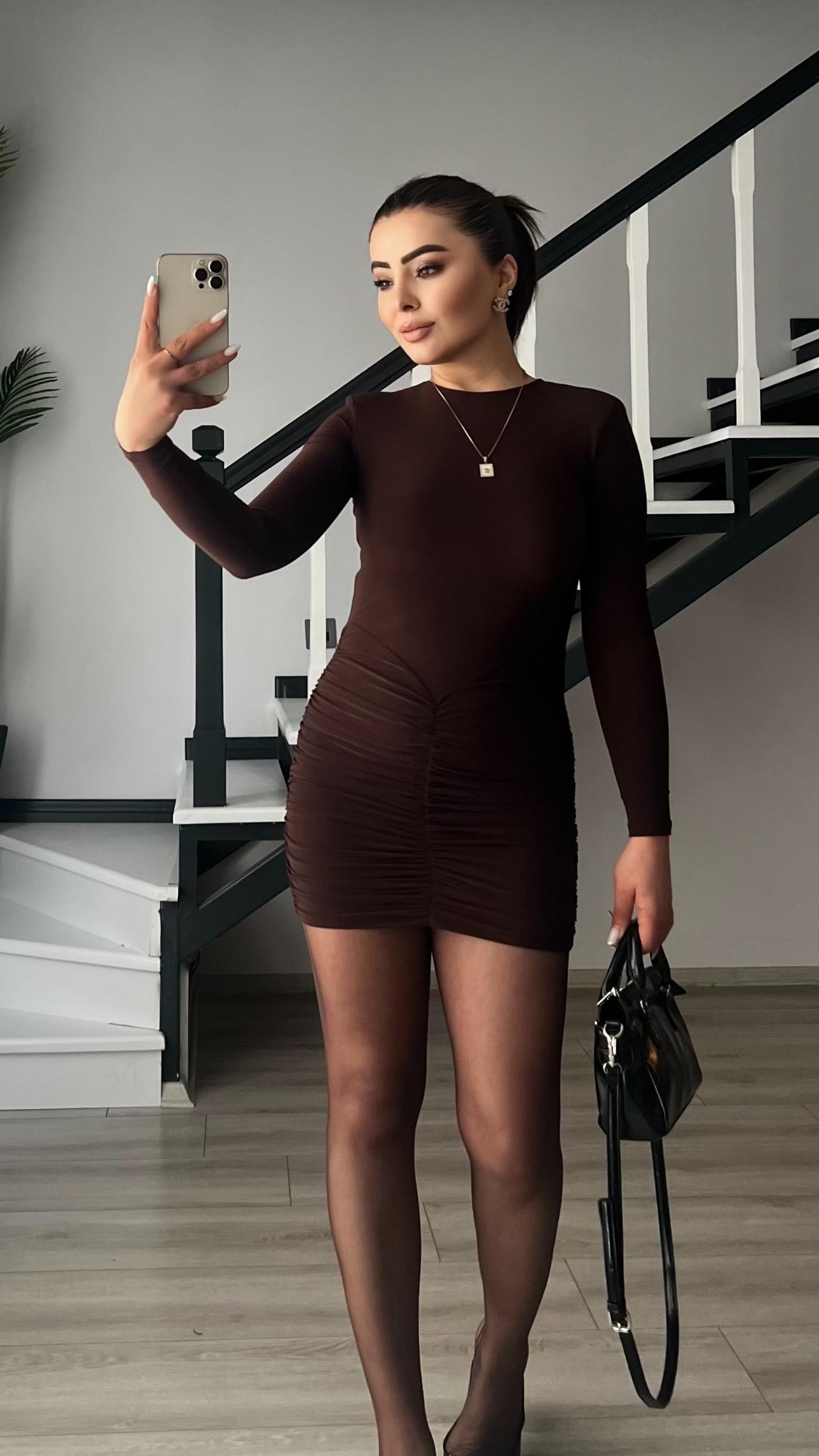 Dark Brown Drape Detail Padded Mini Dress