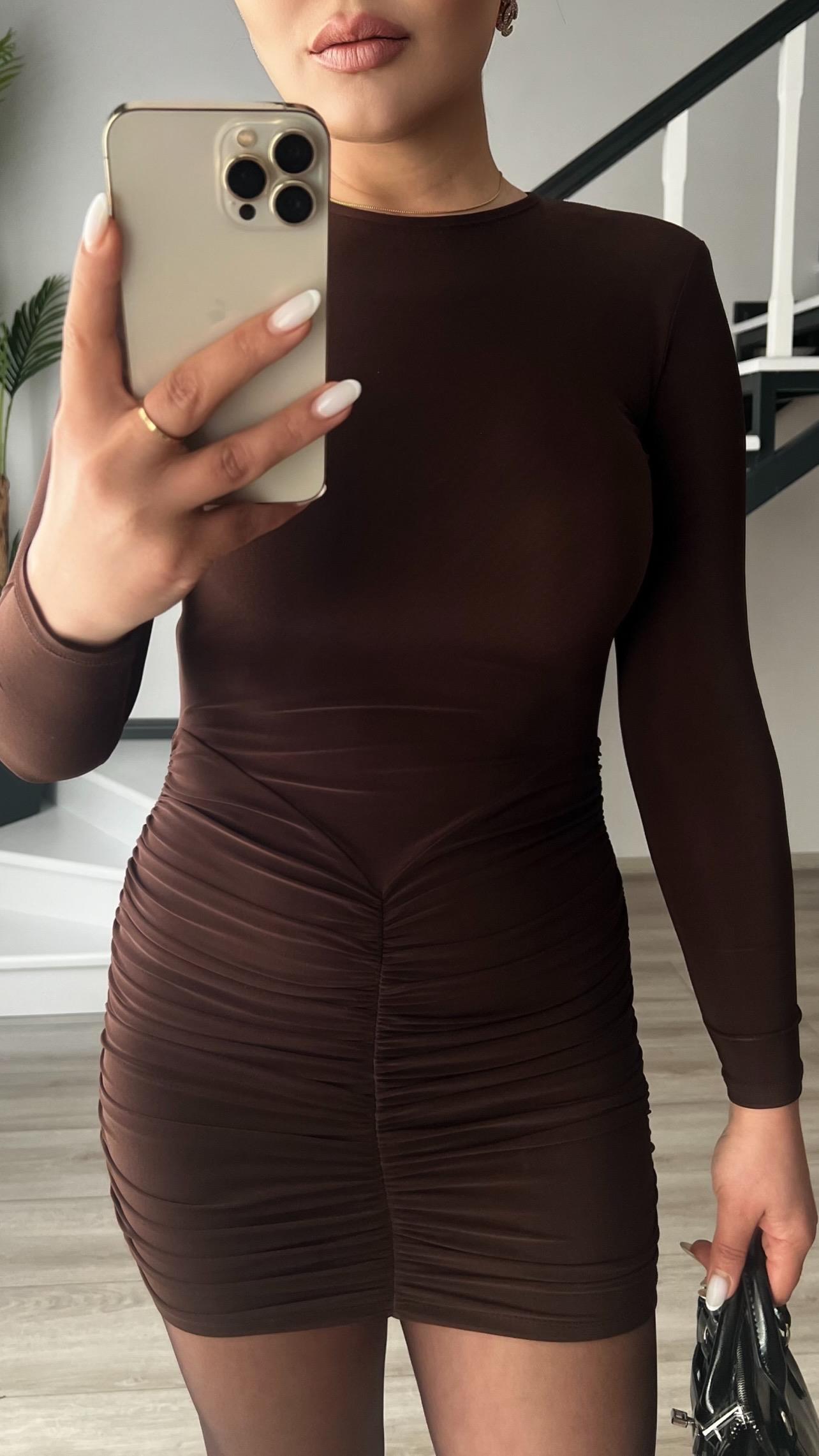 Dark Brown Drape Detail Padded Mini Dress