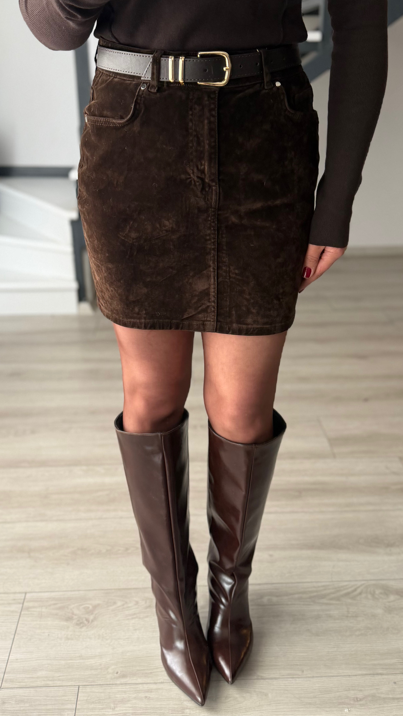 Dark Brown Flock Coated Lycra Mini Skirt