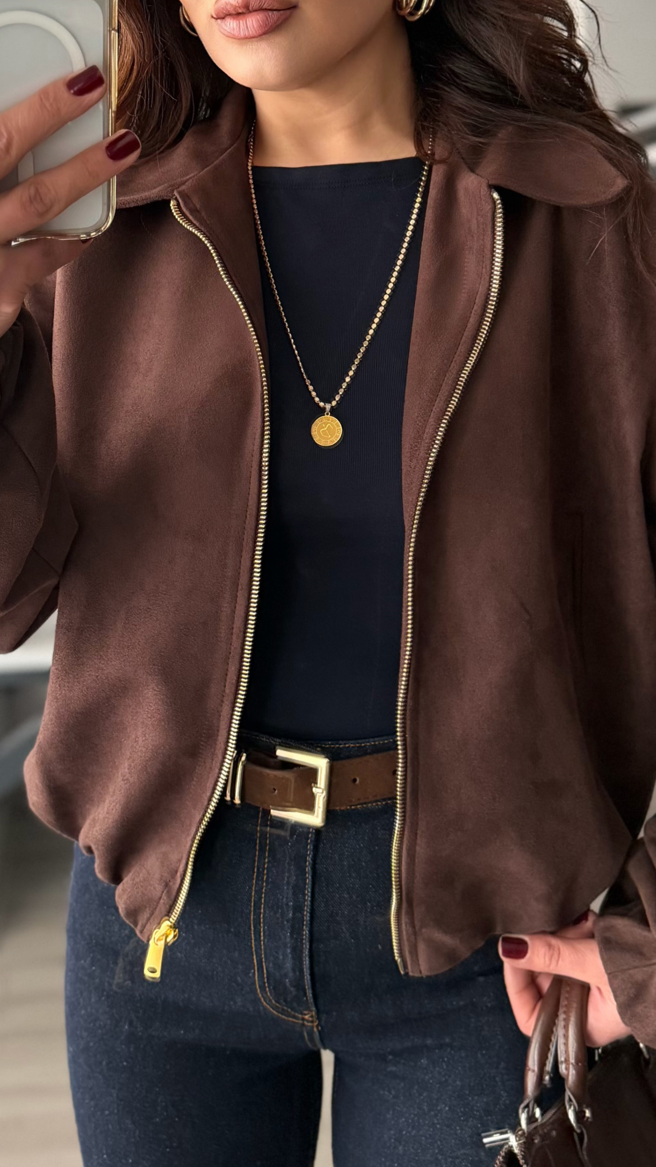 Dark Brown Gold Zippered Suede Bomber Jacket