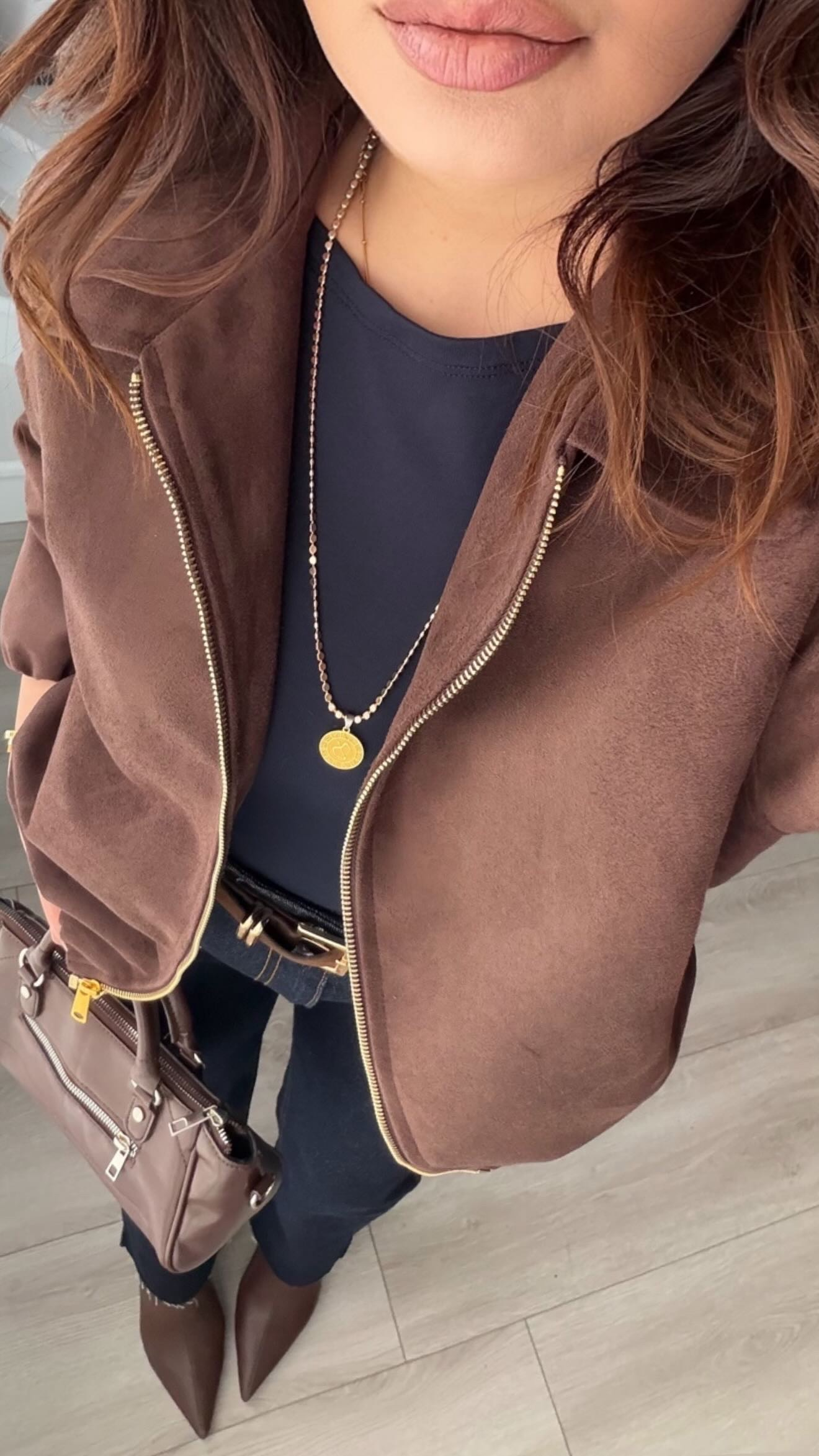 Dark Brown Gold Zippered Suede Bomber Jacket