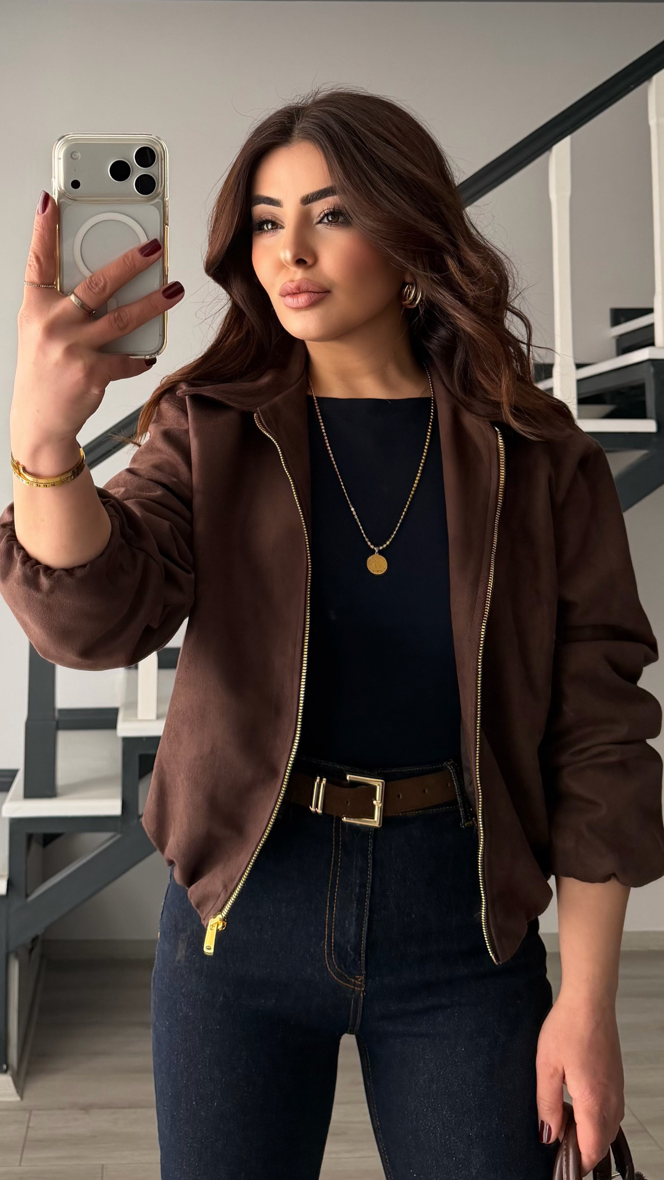 Dark Brown Gold Zippered Suede Bomber Jacket