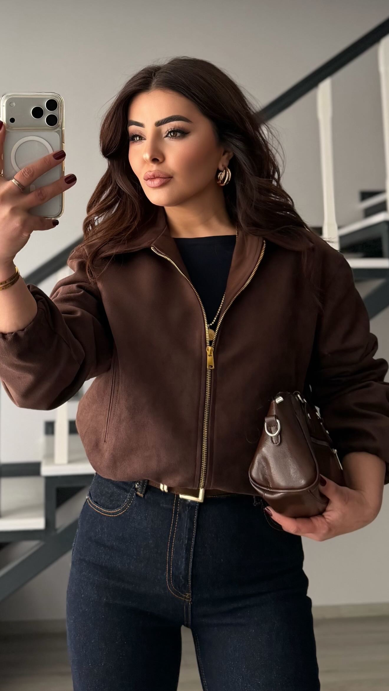 Dark Brown Gold Zippered Suede Bomber Jacket