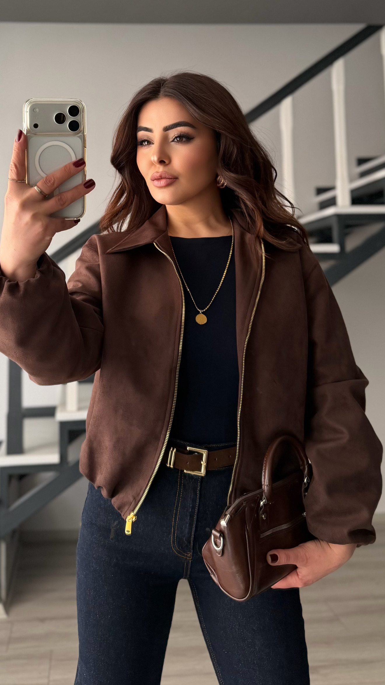 Dark Brown Gold Zippered Suede Bomber Jacket